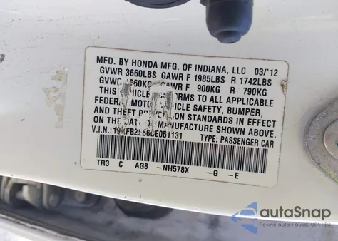 2012 Honda Civic Lx из США, поврежденный, VIN 19XFB2F56CE051131